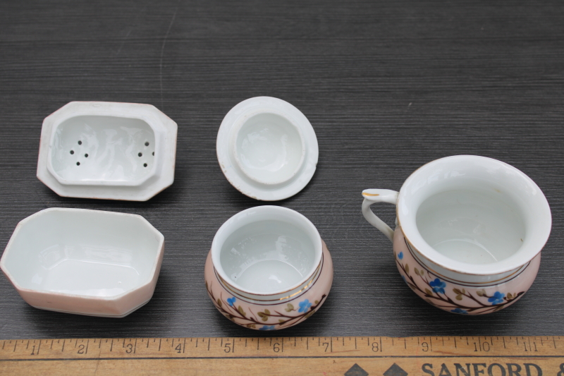 photo of antique vintage hand painted china dresser set for washstand, cup, soap dish, trinket box #3