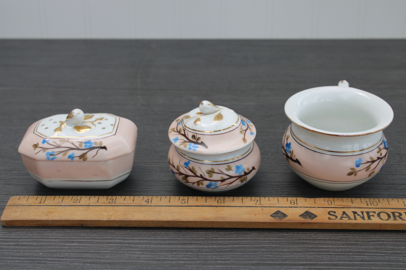 photo of antique vintage hand painted china dresser set for washstand, cup, soap dish, trinket box #5