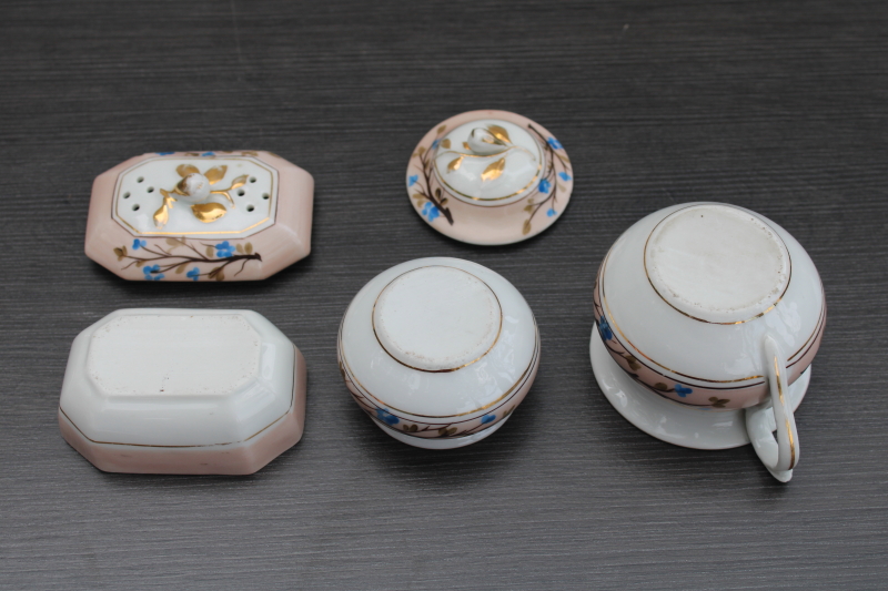 photo of antique vintage hand painted china dresser set for washstand, cup, soap dish, trinket box #6