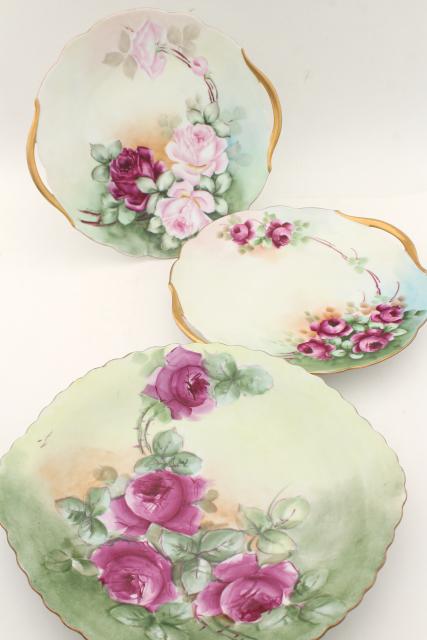 photo of antique vintage hand painted china plates, pink roses cake trays / serving plate lot #1