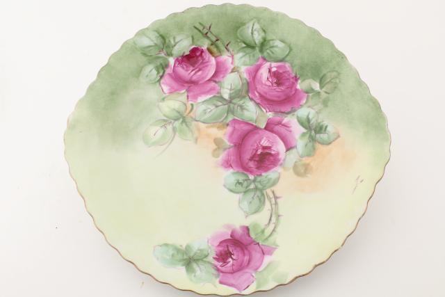 photo of antique vintage hand painted china plates, pink roses cake trays / serving plate lot #2