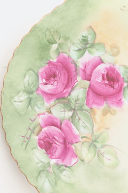 photo of antique vintage hand painted china plates, pink roses cake trays / serving plate lot #3