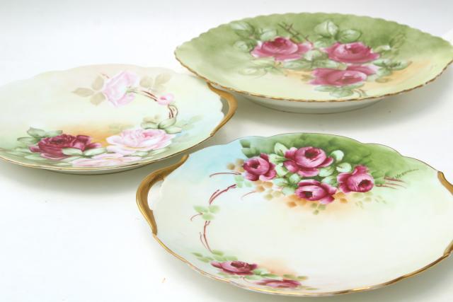 photo of antique vintage hand painted china plates, pink roses cake trays / serving plate lot #7