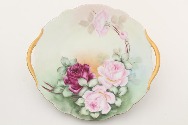 photo of antique vintage hand painted china plates, pink roses cake trays / serving plate lot #8