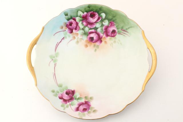 photo of antique vintage hand painted china plates, pink roses cake trays / serving plate lot #11