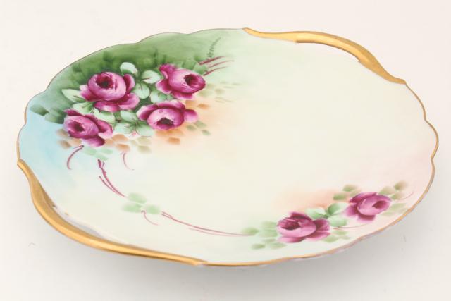 photo of antique vintage hand painted china plates, pink roses cake trays / serving plate lot #13