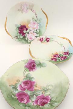 catalog photo of antique vintage hand painted china plates, pink roses cake trays / serving plate lot