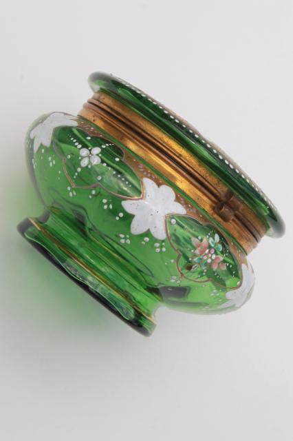photo of antique vintage hand painted enamel green glass vanity table powder puff box #2