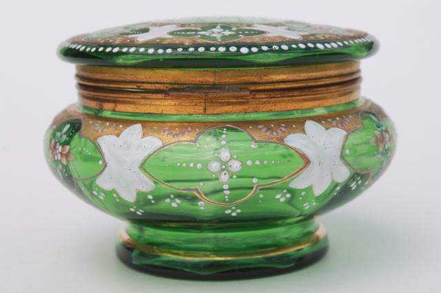 photo of antique vintage hand painted enamel green glass vanity table powder puff box #3