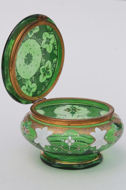 photo of antique vintage hand painted enamel green glass vanity table powder puff box #4