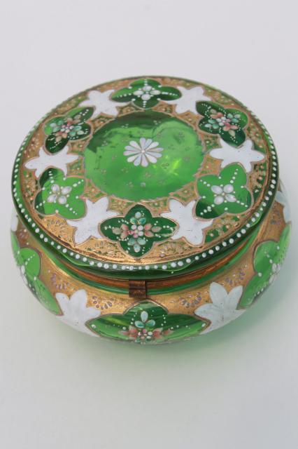 photo of antique vintage hand painted enamel green glass vanity table powder puff box #5