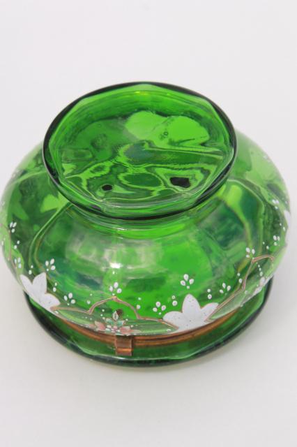photo of antique vintage hand painted enamel green glass vanity table powder puff box #7