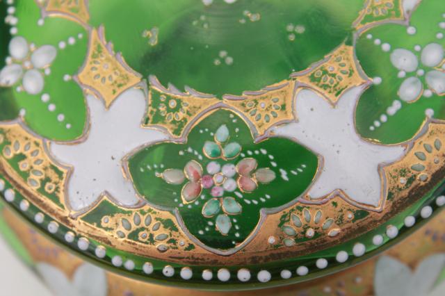 photo of antique vintage hand painted enamel green glass vanity table powder puff box #9