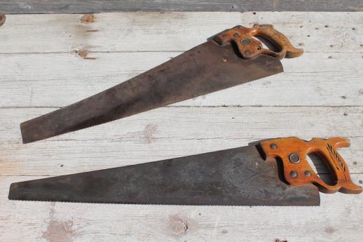 photo of antique vintage hand saws, Atkins Perfection saw w/ 1887 patent, lot of 4 #15