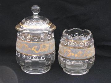 catalog photo of antique vintage hand-painted enamel glass spooner & sugar cube or biscuit jar?