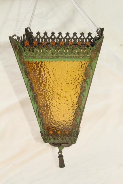 photo of antique vintage hanging light lamp shade, amber glass w/ painted metal lantern #4
