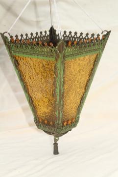 catalog photo of antique vintage hanging light lamp shade, amber glass w/ painted metal lantern
