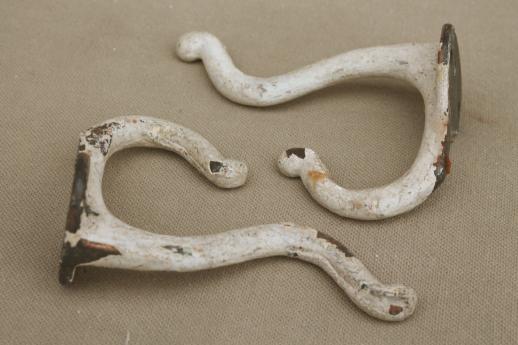 photo of antique vintage hardware lot, wall mount old cast iron coat hooks w/ shabby paint #7