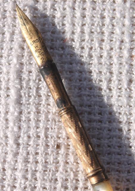 photo of antique vintage ink pen, ladies writing desk dip pen w/ mother of pearl shell handle #6