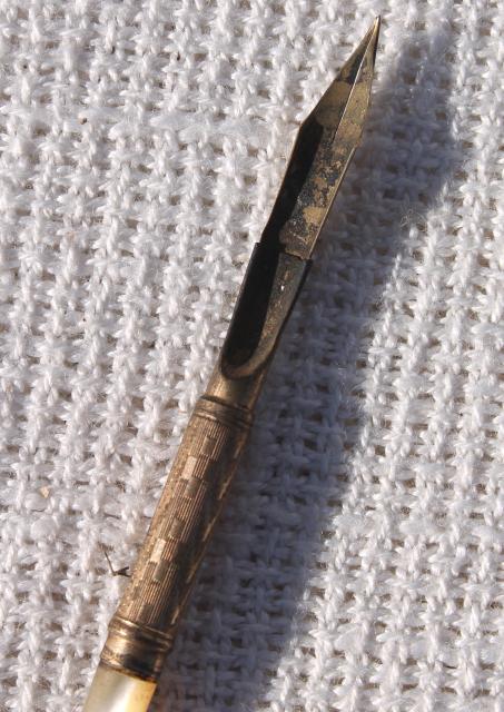 photo of antique vintage ink pen, ladies writing desk dip pen w/ mother of pearl shell handle #7