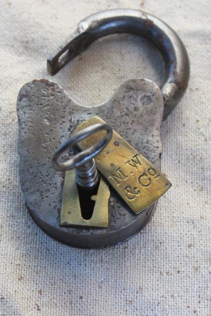 photo of antique vintage iron & brass padlock w/ skeleton key, Mallory Wheeler MW stamp railroad lock #1