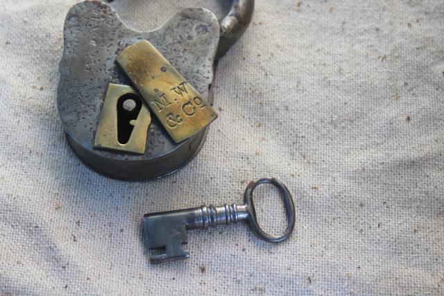 photo of antique vintage iron & brass padlock w/ skeleton key, Mallory Wheeler MW stamp railroad lock #2