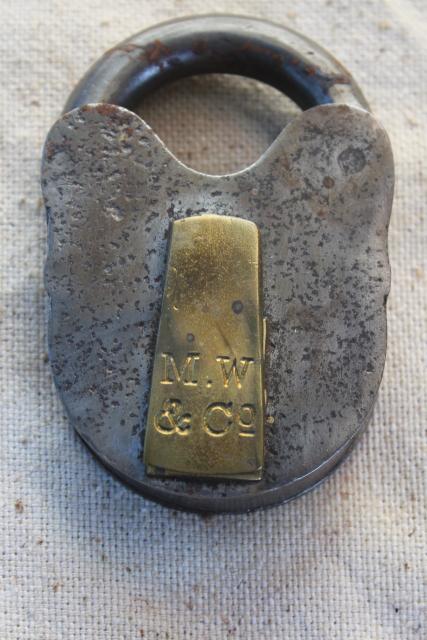 photo of antique vintage iron & brass padlock w/ skeleton key, Mallory Wheeler MW stamp railroad lock #3