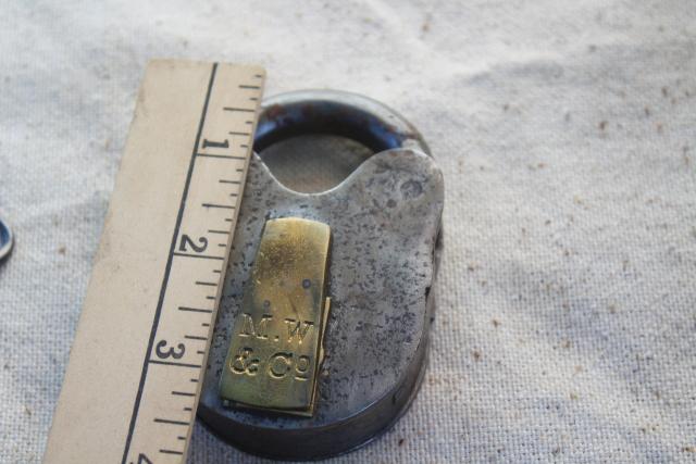 photo of antique vintage iron & brass padlock w/ skeleton key, Mallory Wheeler MW stamp railroad lock #5