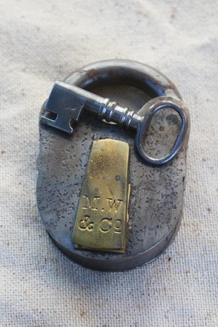 photo of antique vintage iron & brass padlock w/ skeleton key, Mallory Wheeler MW stamp railroad lock #7