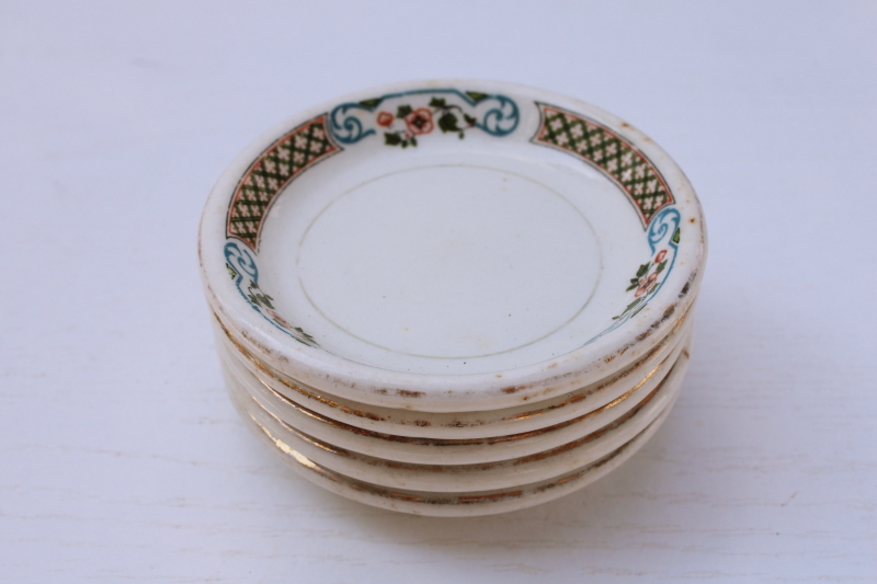 photo of antique vintage ironstone china butter pats, stack of tiny plates stained worn floral #1