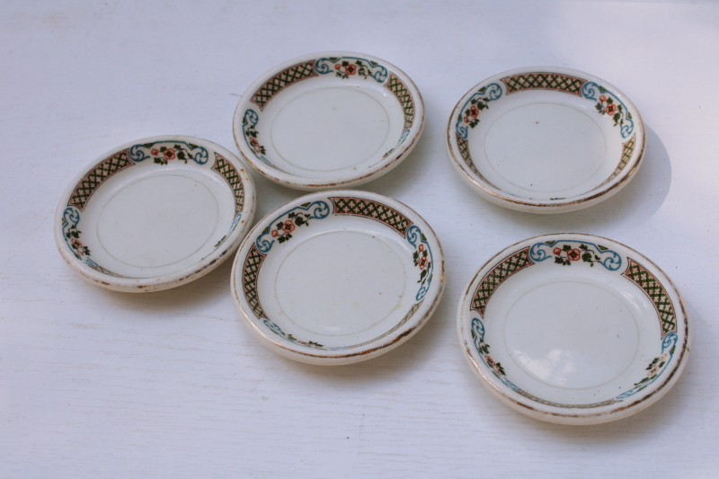 photo of antique vintage ironstone china butter pats, stack of tiny plates stained worn floral #2