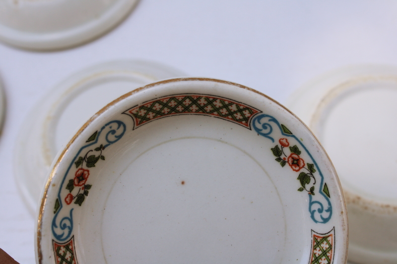 photo of antique vintage ironstone china butter pats, stack of tiny plates stained worn floral #3