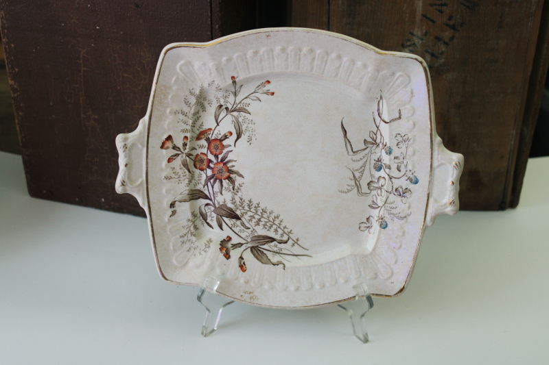 photo of antique vintage ironstone tray, shabby brown stained vintage transferware china square plate  #1