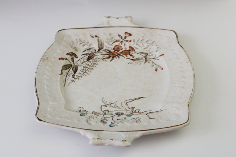 photo of antique vintage ironstone tray, shabby brown stained vintage transferware china square plate  #2