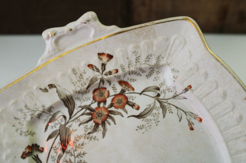 photo of antique vintage ironstone tray, shabby brown stained vintage transferware china square plate  #4