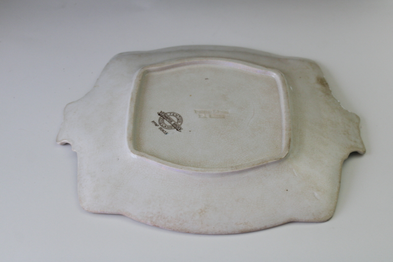 photo of antique vintage ironstone tray, shabby brown stained vintage transferware china square plate  #5