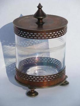 catalog photo of antique vintage jam pot or sugar, old enameled glass jar in sheffield silver stand