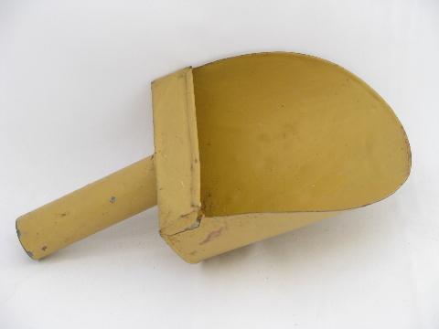 photo of antique vintage kitchen flour bin scoop or sugar shovel, primitive old yellow paint #2