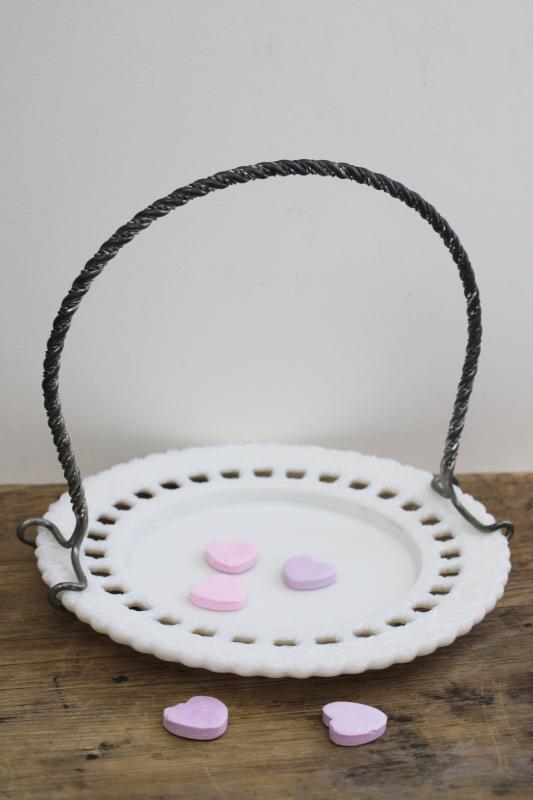 photo of antique vintage lace edge milk glass plate, serving tray w/ metal basket handle #1