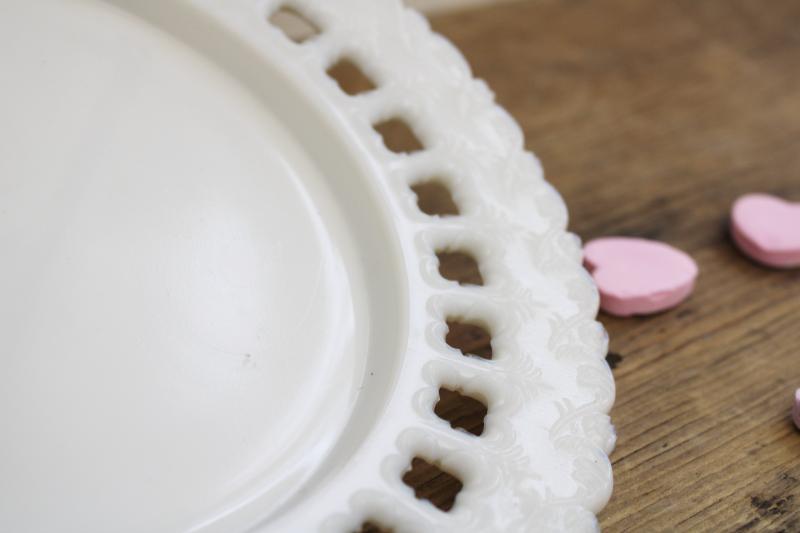 photo of antique vintage lace edge milk glass plate, serving tray w/ metal basket handle #2