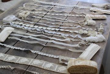 catalog photo of antique vintage lace edgings & sewing trim remnants, ball fringe, embroidered daisies