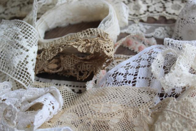 photo of antique & vintage lace trim edgings, lot remnants scraps a yard or less, many types patterns #5