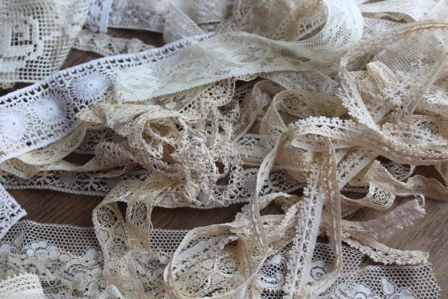 photo of antique & vintage lace trim edgings, lot remnants scraps a yard or less, many types patterns #6