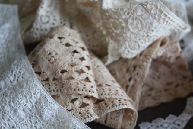 photo of antique & vintage lace trim edgings, lot remnants scraps a yard or less, many types patterns #7