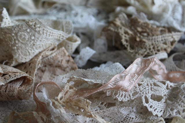 photo of antique & vintage lace trim edgings, lot remnants scraps a yard or less, many types patterns #9