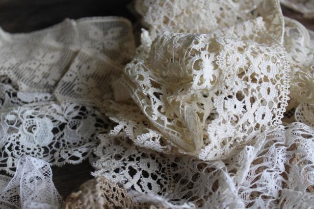 photo of antique & vintage lace trim edgings, lot remnants scraps a yard or less, many types patterns #10