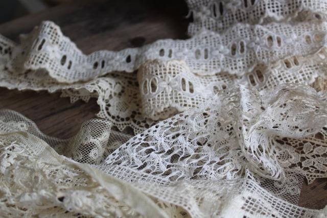 photo of antique & vintage lace trim edgings, lot remnants scraps a yard or less, many types patterns #11
