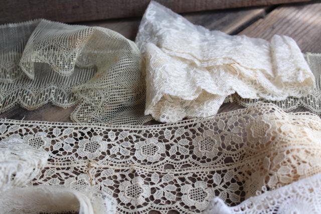 photo of antique & vintage lace trim edgings, lot remnants scraps a yard or less, many types patterns #12