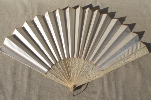 photo of antique vintage ladies fan, carved bone / ivory silk folding fan #1