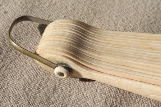 photo of antique vintage ladies fan, carved bone / ivory silk folding fan #5